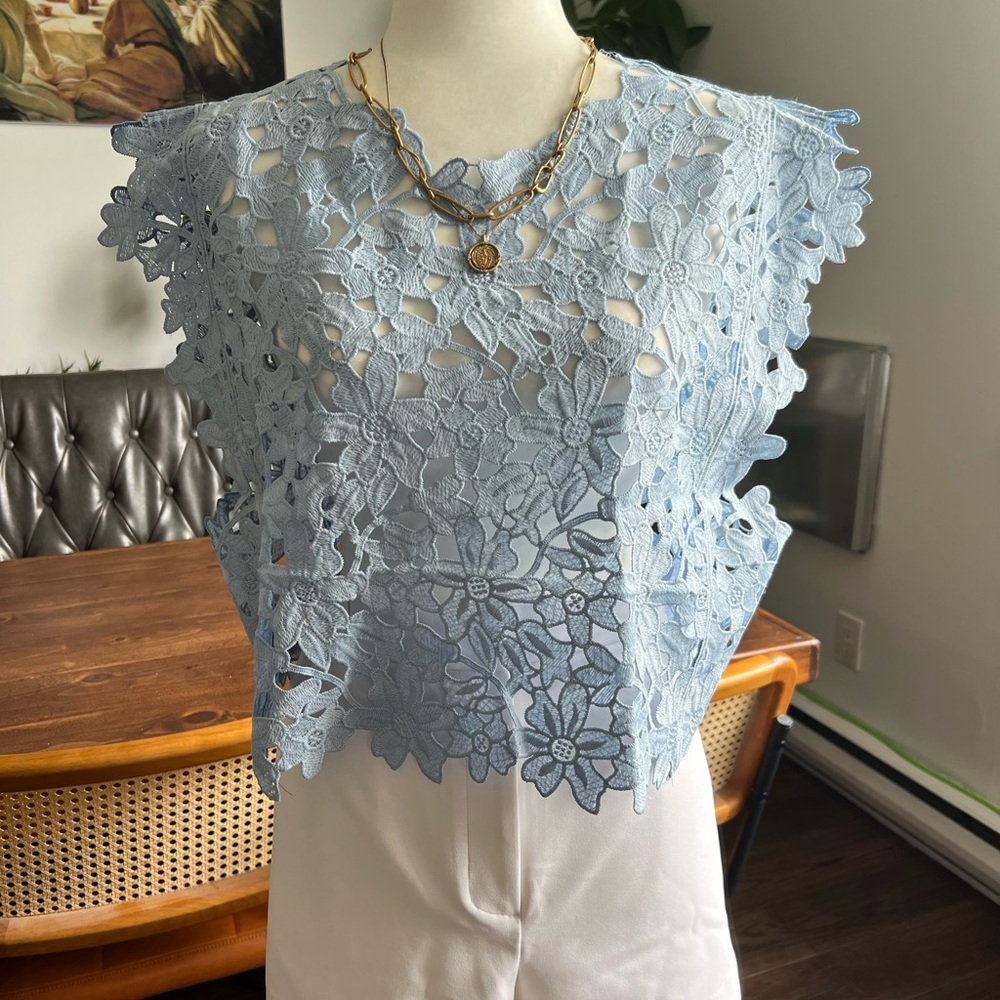 Elegant Lace Floral Blouse in Light Blue